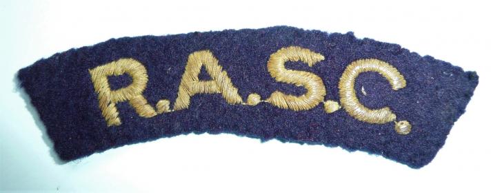 RASC (Royal Army Service Corps) Embroidered Yellow on Dark Blue Felt Cloth Shoulder Title