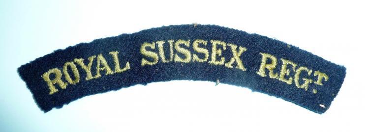 Royal Sussex Regiment Embroidered Old Gold on Dark Blue Felt Cloth Shoulder Title