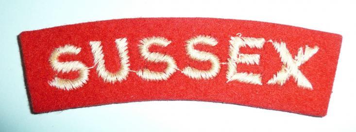 Rare Sussex Yeomanry Embroidered White on Red Cloth Shoulder Title