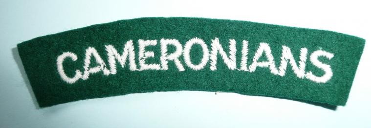 WW2 Cameronians ( Scottish Rifles ) White on Green Embroidered Cloth Shoulder Title