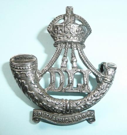 Durham Light Infantry ( DLI ) Territorial Officers Silver Plated Cap Badge - South Africa Scroll