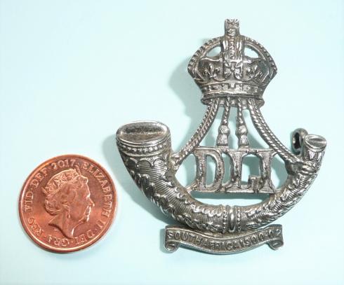 Durham Light Infantry ( DLI ) Territorial Officers Silver Plated Cap Badge - South Africa Scroll