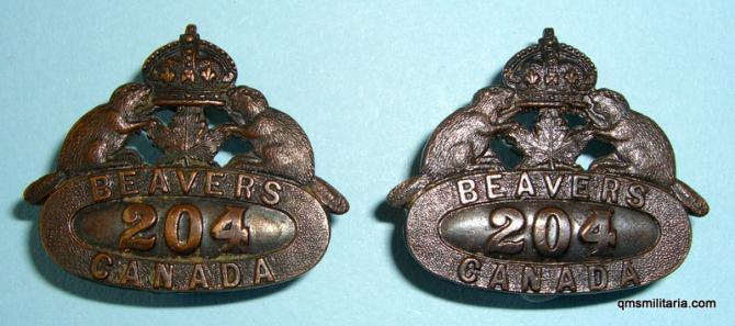 WW1 CEF 204th ( Toronto Canada ) Battalion Pair of Bronze Collar Badges - Maker Marked Ellis & Co