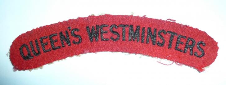 WW2 Queens Westminsters 16th County of London Regiment) Embroidered Black on Red Felt Cloth Shoulder Title