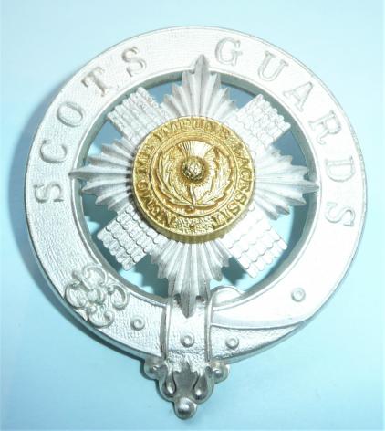 Scots Guards Sergeant Piper Frosted Silver Plate and Gilt Glengarry / Bonnet Badge