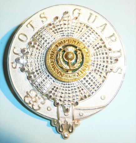 Scots Guards Pipe Majors Frosted Silver Plate, Enamel and Gilt Glengarry Bonnet Badge
