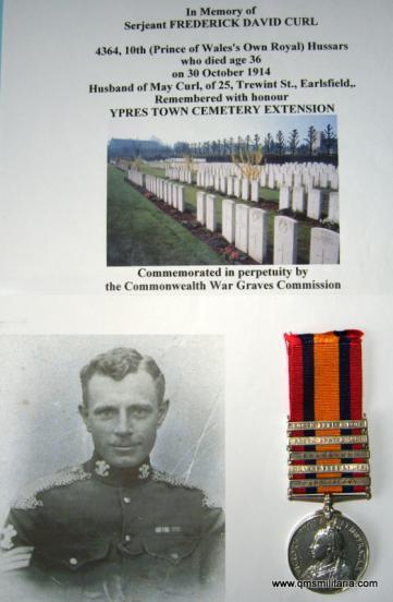 QSA Queens South Africa Medal 1899 - 1902 Frederick D. Curl 10th Royal Hussars - Died of Wounds in WW1 at Ypres on 30th October 1914