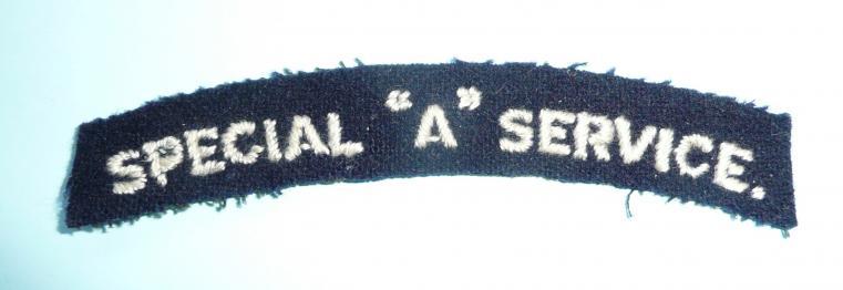 Rare WW2 Special A Service Airborne Armoured Unit Embroidered White on Dark Blue Cloth Shoulder Title
