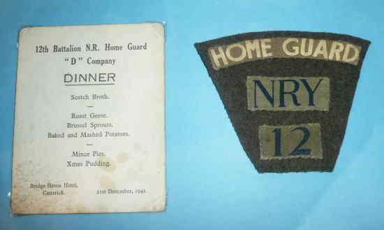 WW2 12th Battalion North Riding of Yorkshire (NRY) Home Guard Shoulder Title Battledress Combination together with original 1942 dated Xmas Dinner Menu