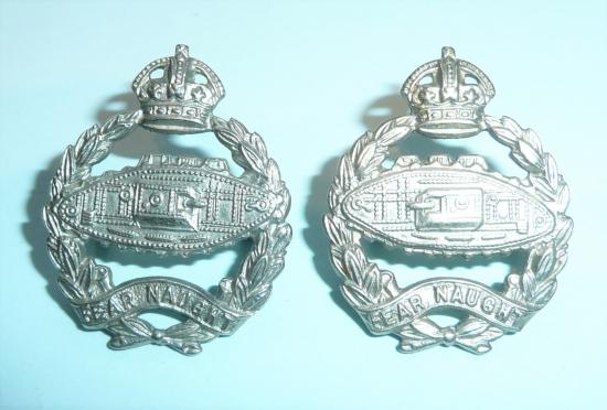 Royal Tank Corps Regiment ( RTC / RTR ) Pair of Facing White Metal Collar Badges