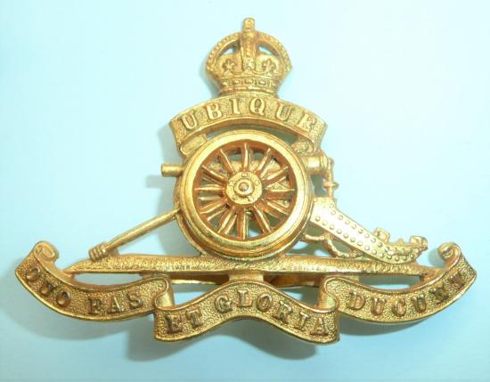 WW1 / WW2 Royal Artillery (RA) Officers Full Dress Gilt King's Crown Cap Badge - Blades