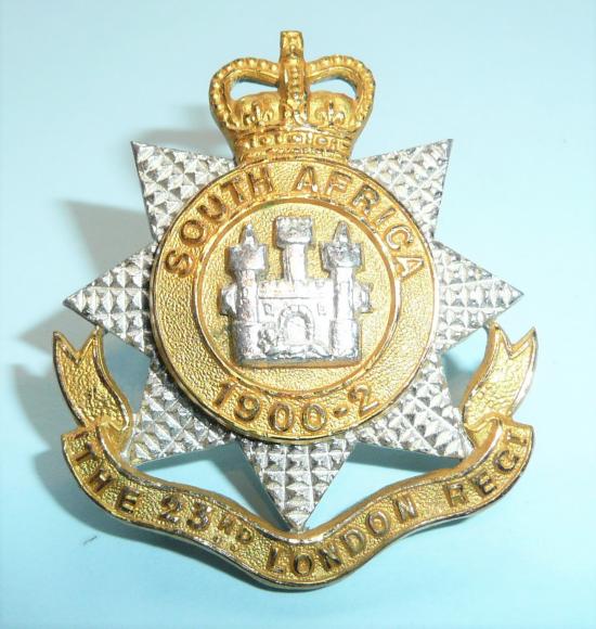 23rd London Regiment Officers Frosted Silver Plate and Gilt Cap Badge, Queen's Crown