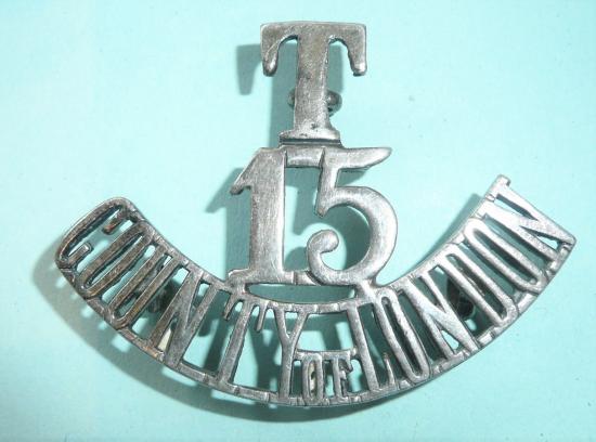 T / 15 / County of London Regiment (Civil Service Rifles) One Piece Silver Plated White Metal Shoulder Title