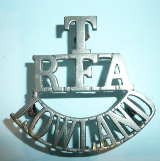 T/ RFA / Lowland  - Scottish Royal Field Artillery White Metal One Piece Shoulder Title