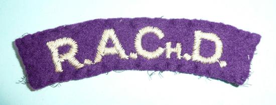 WW2 RAChD Royal Army Chaplains Department White on Purple Embroidered Felt Cloth Shoulder Title