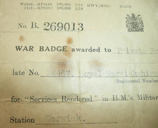 WW1 Silver War Badge (Wound Badge) with attributed Issue Voucher - Kennedy Royal Warwickshire Regiment