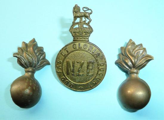 New Zealand Engineers Officers Gilt Brass Cap Badge and Grenade Collar Set