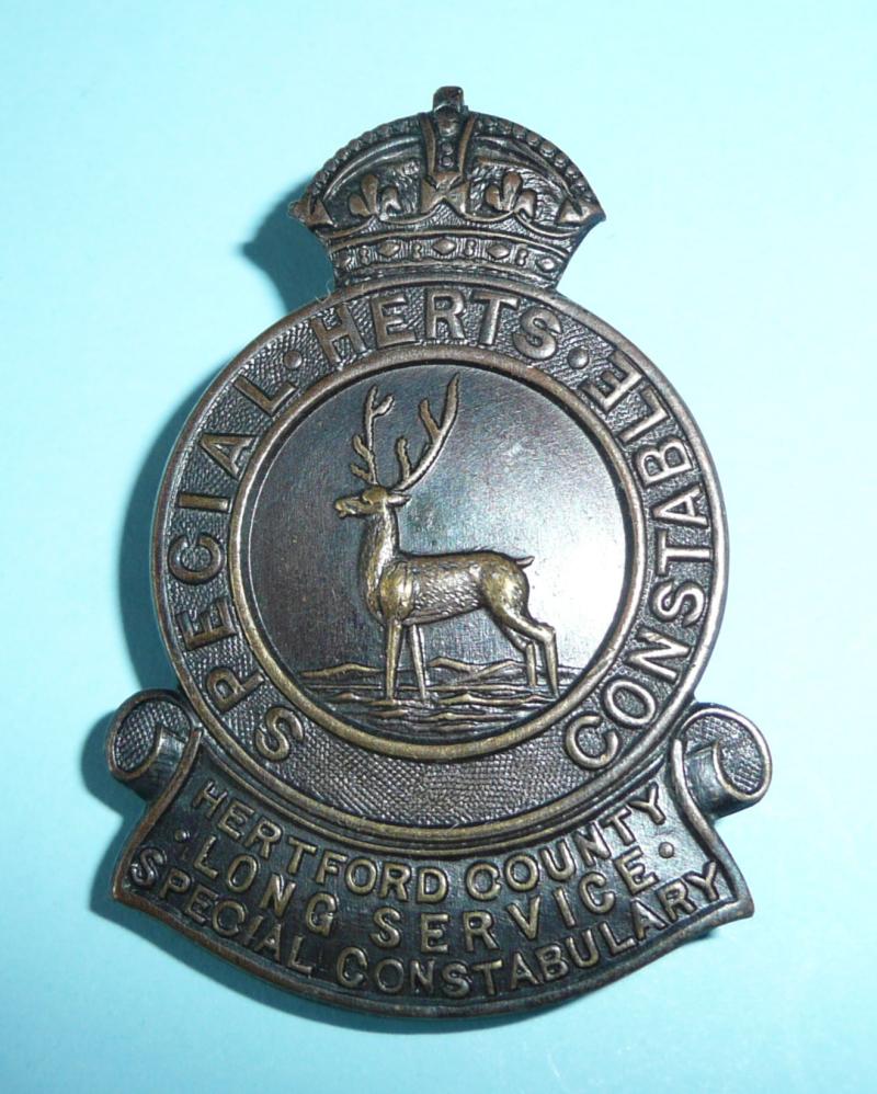 WW1 Hertfordshire (Herts) Police Special Constabulary Constable Bronze Lapel Badge with Long Service Scroll