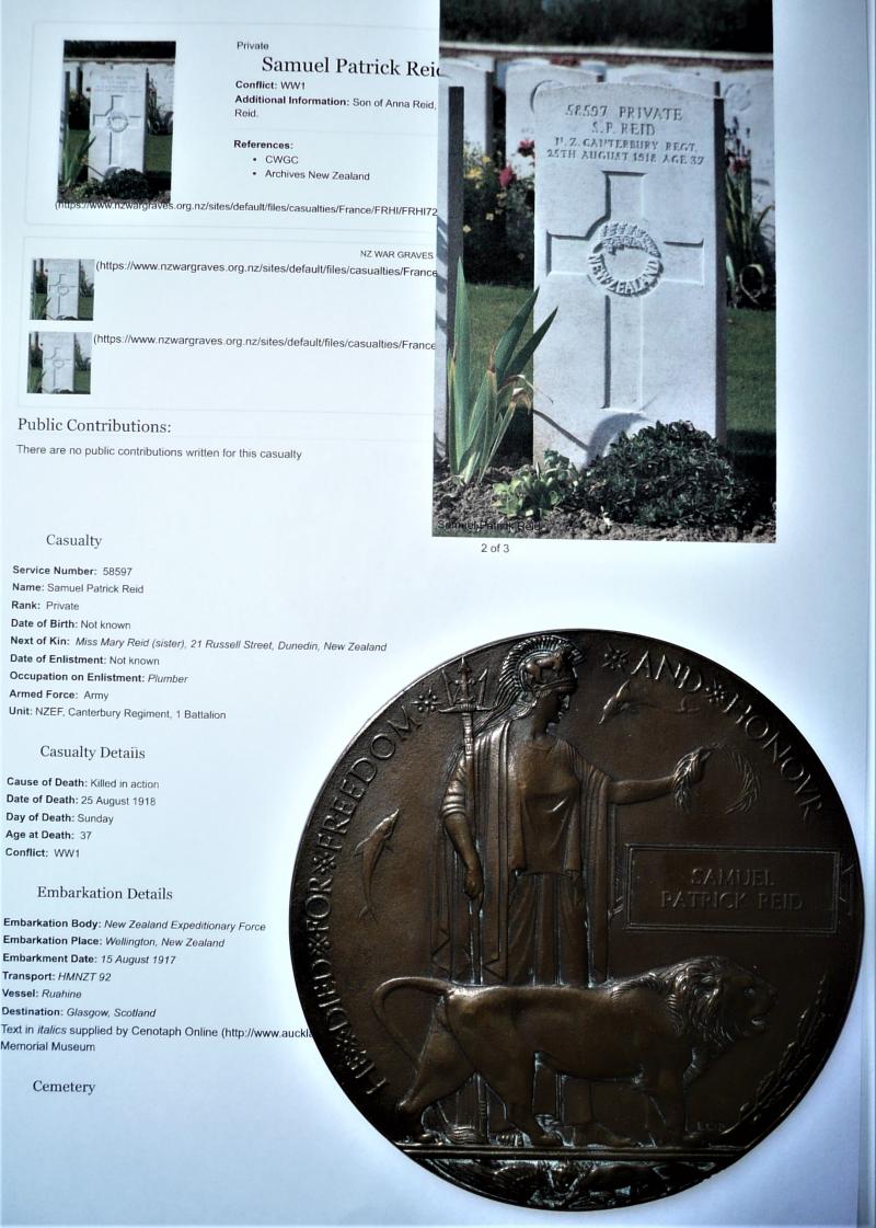 WW1 New Zealand Memorial Death Plaque - Samuel Patrick Reid 1st Battalion Canterbury Regiment NZEF (unique plaque)