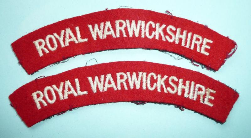 Royal Warwickshire Regiment Pair of Embroidered White on Red Cloth Shoulder Titles