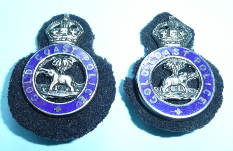 West African Gold Coast Police Senior Officers Silver Plated and Enamel Match Pair of Facing Collar Badges, Kings Crown