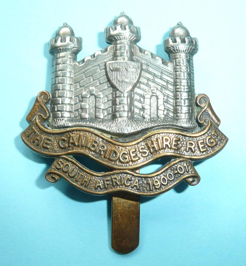 Cambridgeshire Regiment (Territorial Force) Bi-Metal Cap Badge with South Africa 1900-01 Scroll