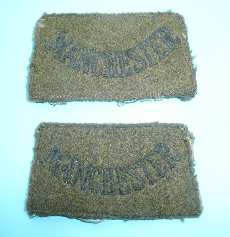 WW2 Manchester Regiment Matched Pair of Woven Black on Khaki Slip-on Shoulder Slides