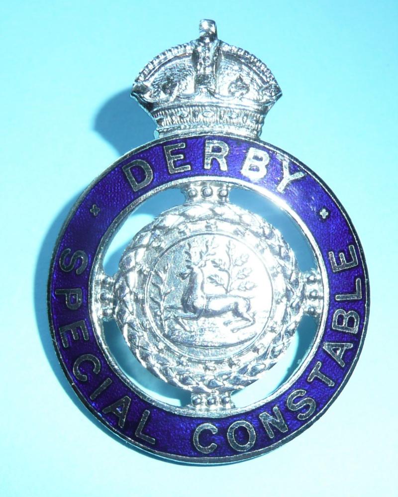 Inter-war Derby Special Constable Police Chrome and Enamel Lapel Pin Cap Badge