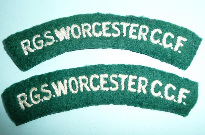 RGS Worcester CCF Matched Pair of Woven White on Green Felt Cloth Shoulder Titles