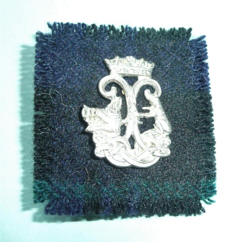 Scottish Argyll & Sutherland Highlanders (A&SH) White Metal Sporran Badge on small square of tartan backing