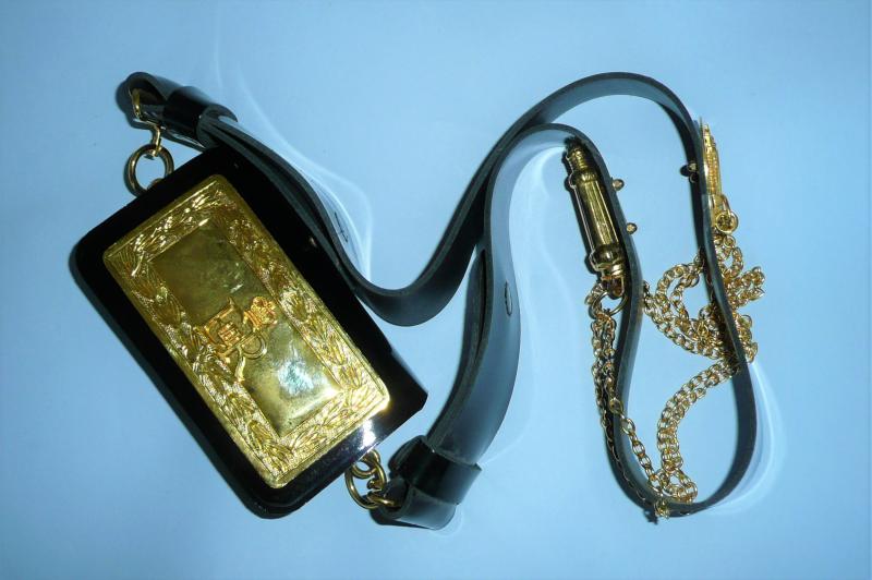 Royal Logistics Corps (RLC) Officers Faux Patent Leather / Plastic No 1 Full Dress Cross Belt with Whistle Keep Chain, Ornate Pouch and Gilt Fittings