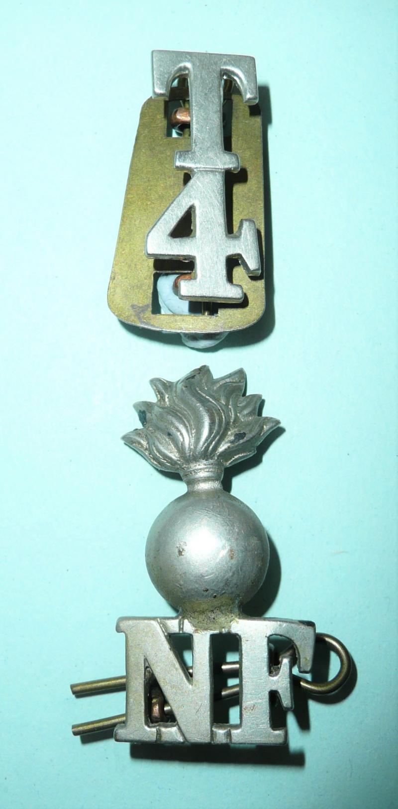 T/4/NF 4th Territorial Battalion Northumberland Fusiliers Two Piece White Metal Shoulder Title