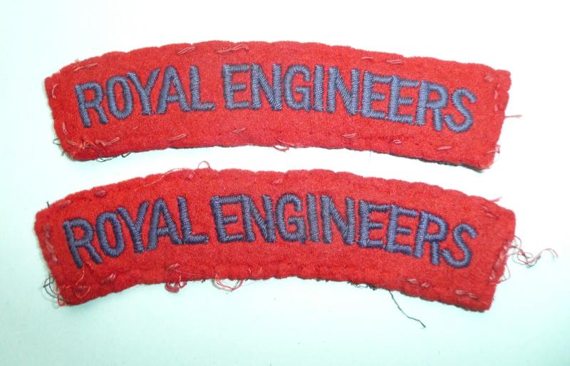 Royal Engineers Matched Pair of Embroidered Blue on Red Felt Cloth Shoulder Titles