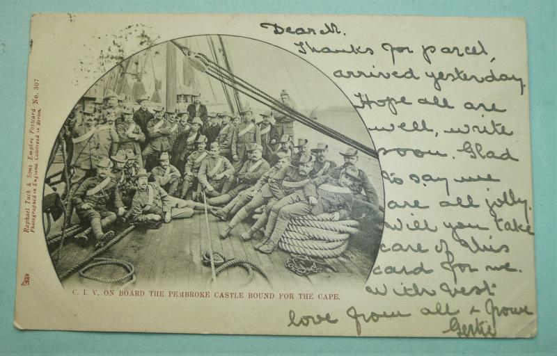 Boer War Original Postcard - CIV (City Imperial Volunteers) on Board HMT Pembroke Castle bound for the war in South Africa