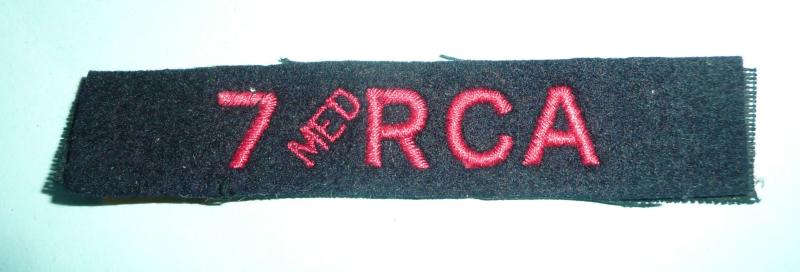 WW2 - 7th Medium Regiment Royal Canadian Artillery Embroidered Red on Blue Cloth Shoudler Title