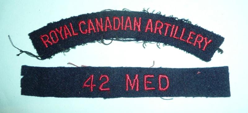 Two part Royal Canadian Artillery (RCA)/  42nd Medium Regiment Embroidered Red on Blue Cloth Shoulder Titles