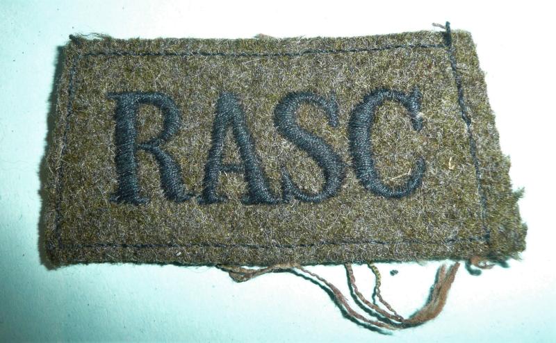 WW2 RASC Royal Army Service Corps Embroidered Black on Khaki Cloth Shoulder Slip on Slide Title