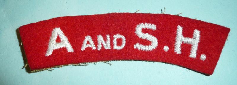 WW2 'A and SH' (Argyll and Sutherland Highlanders) Embroidered White on Red Felt Cloth Shoulder Title