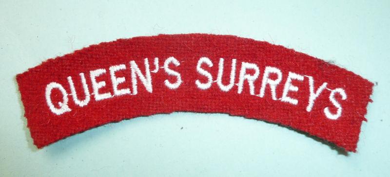 Queens Surreys Embroidered White on Red Felt Cloth Shoulder Title