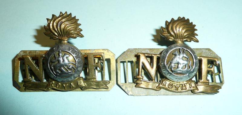 Royal Northumberland Fusiliers (RNF) Matched Facing Pair of Officers Gilt and Silver Plate Shoulder Titles