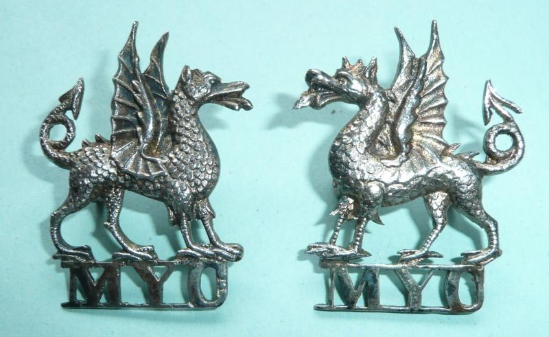 Montgomeryshire Yeomanry Cavalry MYC Matched Facing Pair of Officers Silver Collar Badges