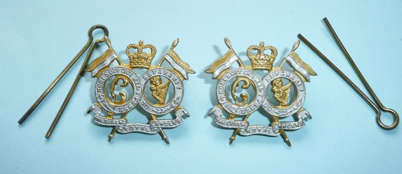 The Queens Royal Lancers Matched Pair of Officers Frosted Silver Plated & Gilt Collar Badges