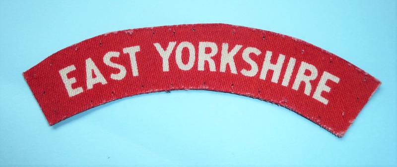WW2 East Yorkshire Regiment Printed Red on White Cloth Shoulder Title