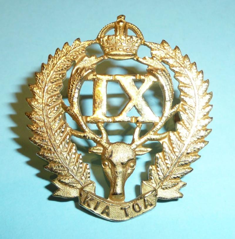 New Zealand 9th (Wellington East Coast Rifles) Regiment Officer's Fire Gilt Cap Badge, King's Crown