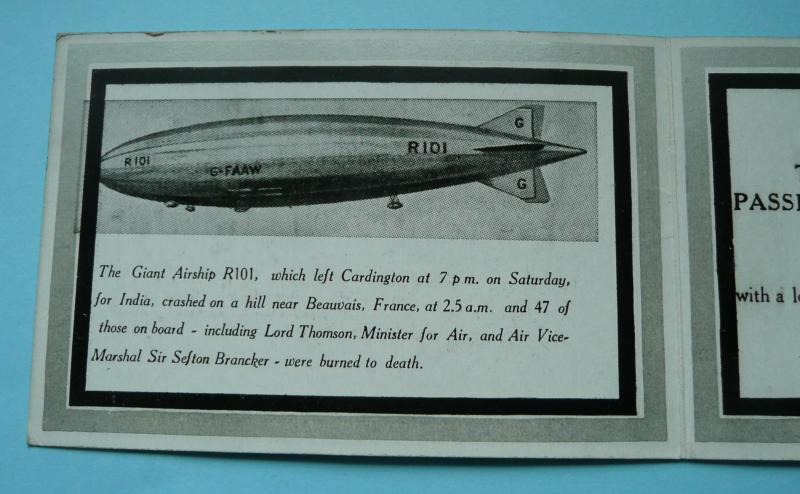 In Memoriam Printed Card for the Loss of the British Airship R101 - includes Roll of Honour