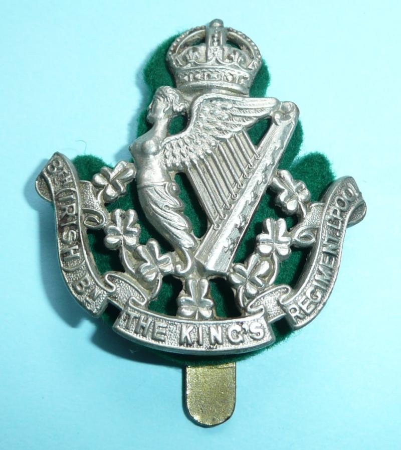 Kings Liverpool 8th Irish Battalion, Kings Liverpool Regiment,  King's Crown White Metal Cap Badge & Backing - Firmin
