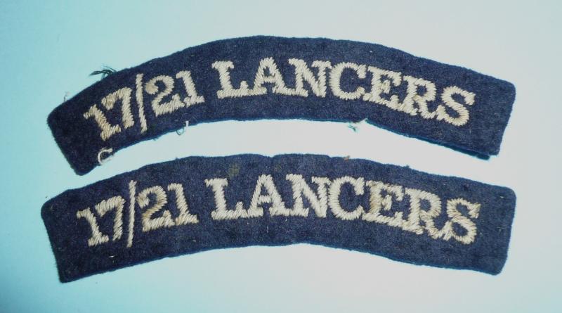 WW2 17/21 17th / 21st Lancers Matched Pair of Woven Cloth Shoulder Titles