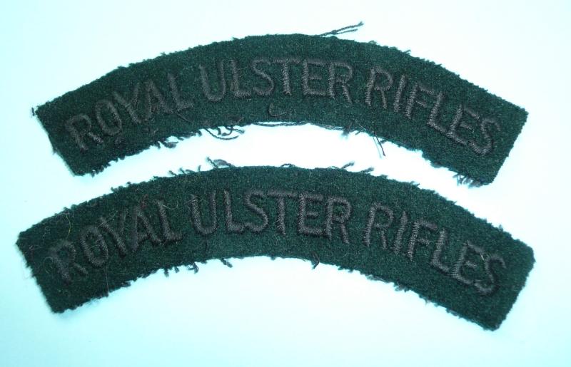 Royal Ulster Rifles (RUR) Matched Pair of Woven Black on Rifle Green Cloth Shoulder Titles