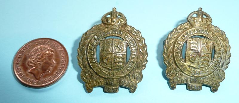 Indian Army (AFI) - 1st Madras Volunteer Guards / Infantry Volunteers Officer's Matched Pair of Gilt Brass Collar Badges, King's Crown