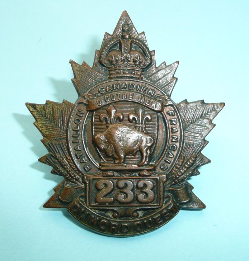 WW1 Canada - 233rd Battalion (Canadiens-Français du Nord-Ouest) CEF Canadian Expeditionary Force Cap Badge